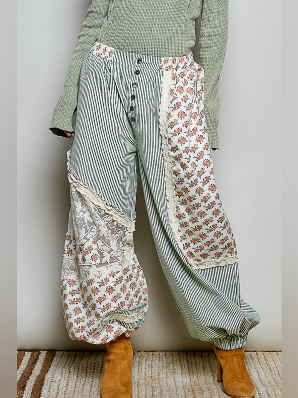 NEW POL Patchwork Wide Leg Pants in Sage Green, Cream & Rust Floral